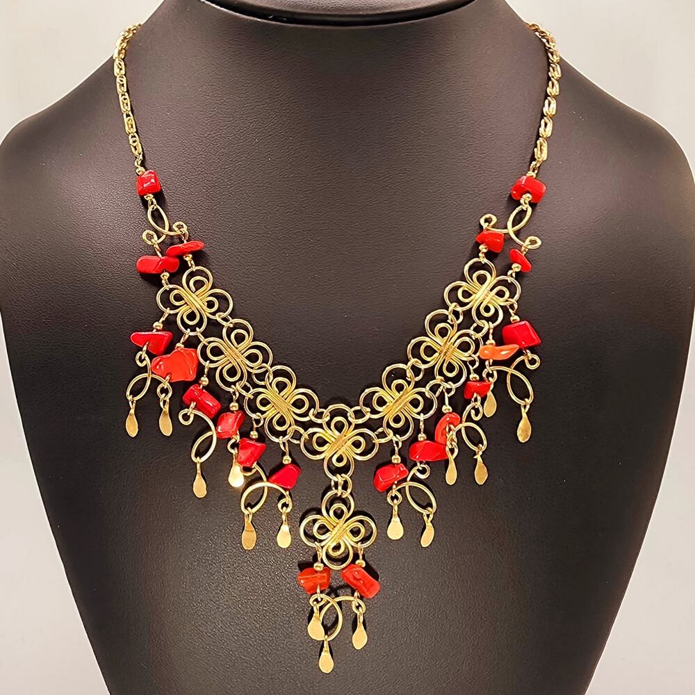 Coral Glass Drop Necklace Gold Tone Filigree Bib Statement Fringe Boho Vintage
